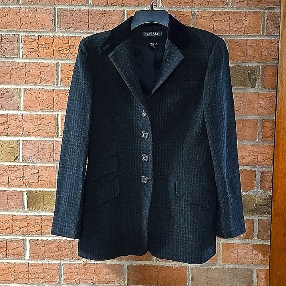 BEAUTIFUL LAUREN RALPH LAUREN BLACK GRAY TWEED BLAZER W VELVET COLLAR